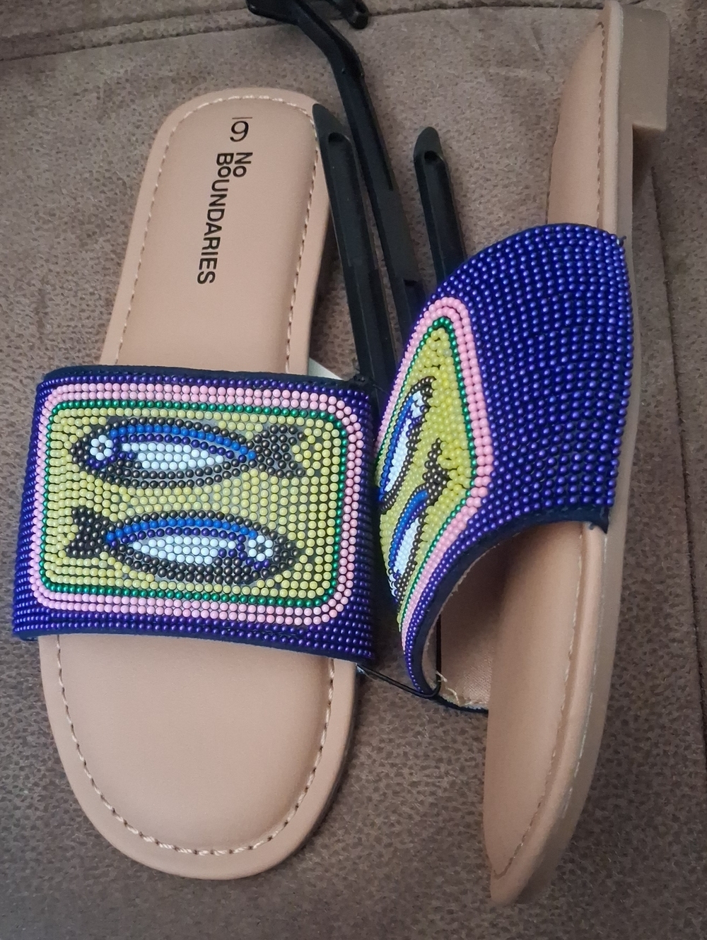 No Boundaries Beaded Fish Slide Sandals - Blue, Yellow & Pink Accents Size 6
